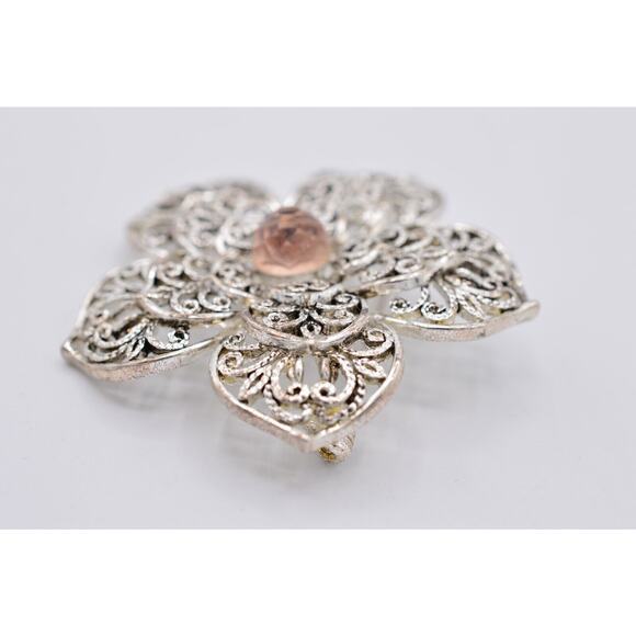 Monet Vintage Pin Brooch Silver Filigree Pink Crystal Flower Shiny Signed Bin5B - Picture 6 of 12